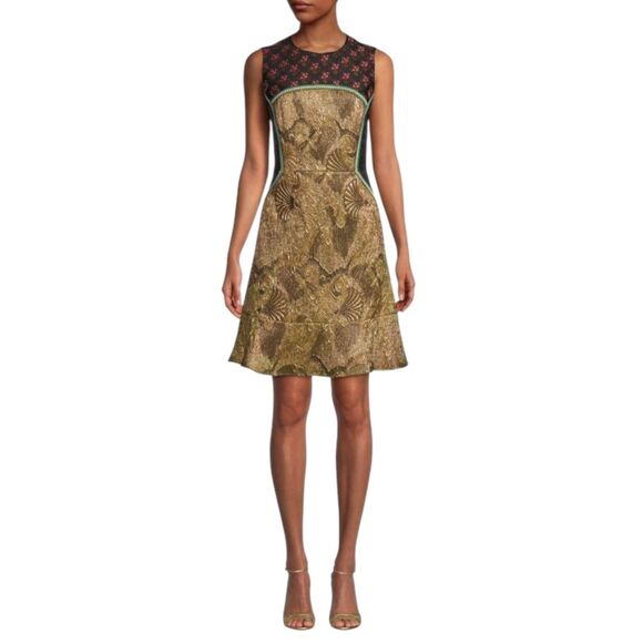 Etro Dresses & Skirts - ETRO Jasper Gold Textured A-Line Dress US 6 IT 42 Sleeveless Paisley High Neck